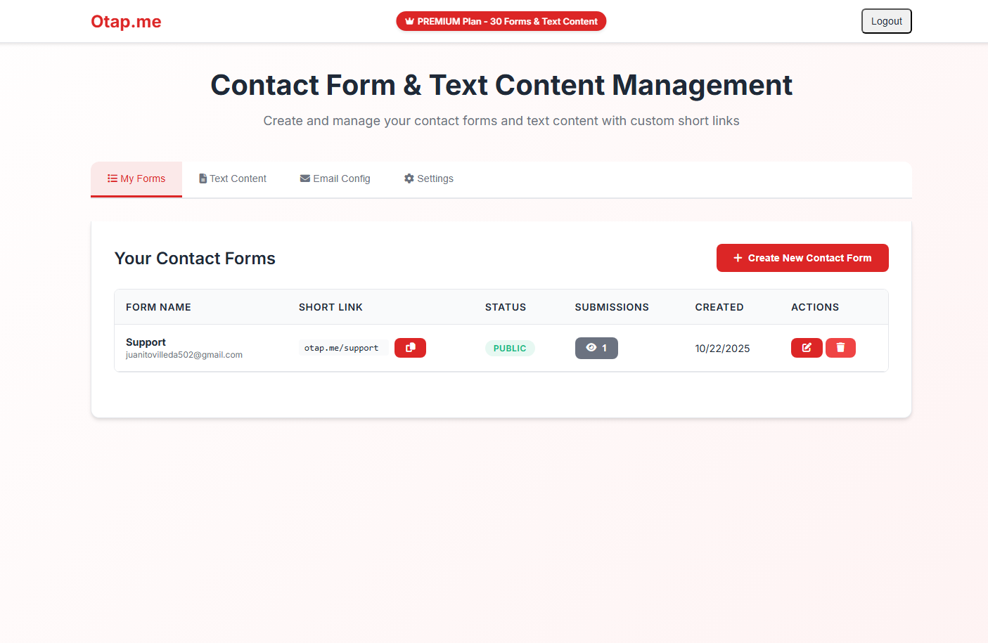 Otap.me - Contact Form Service with short links and email notifications